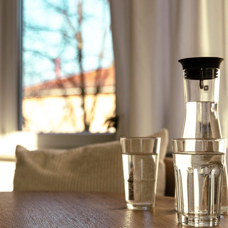 Ernährungspraxis Ein Wasserkaraffe und zwei Gläser auf einem Tisch, im Hintergrund helles Licht und Fenster.